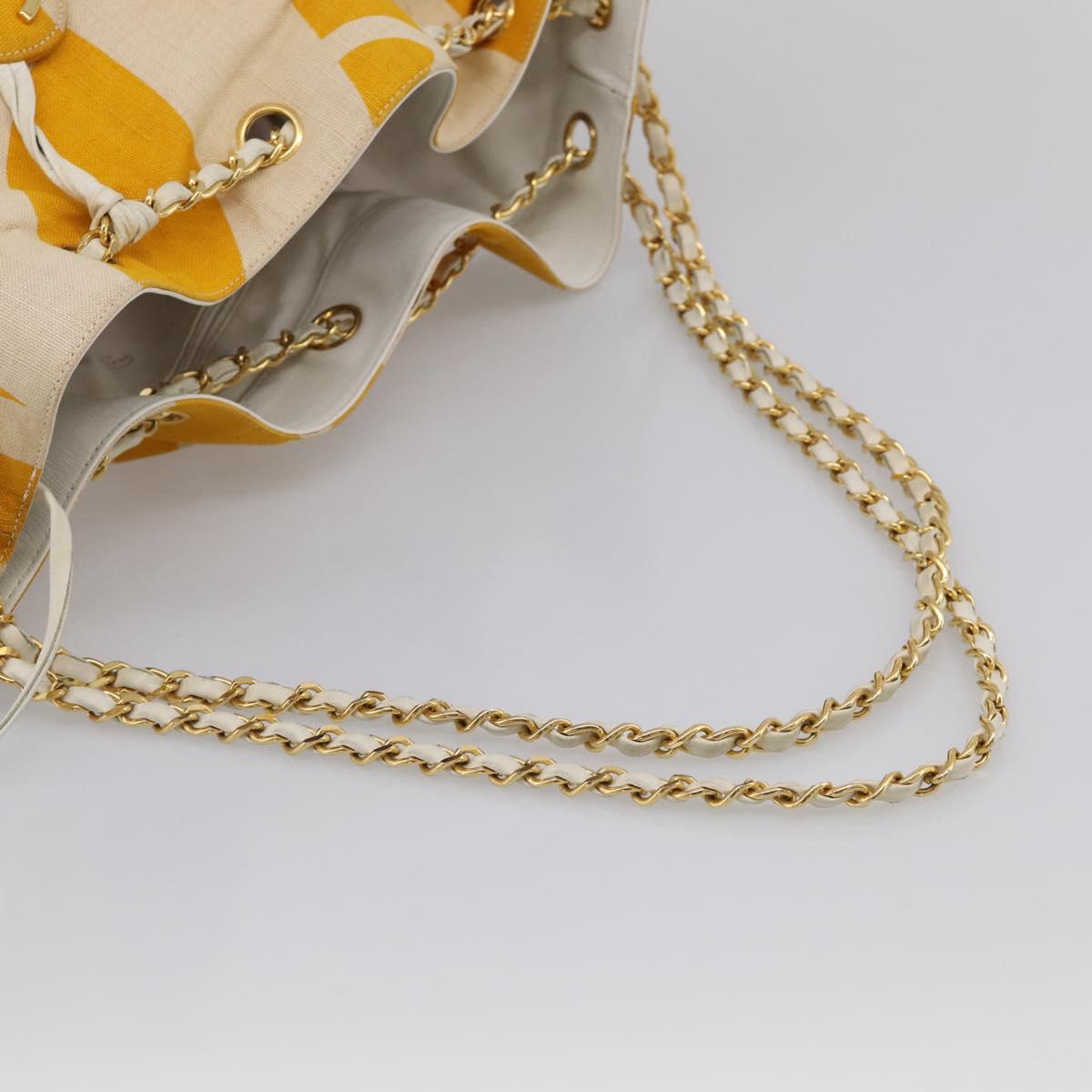 CHANEL Drawstring Chain Shoulder Bag Canvas Yellow Gold Tone CC Auth BA16485