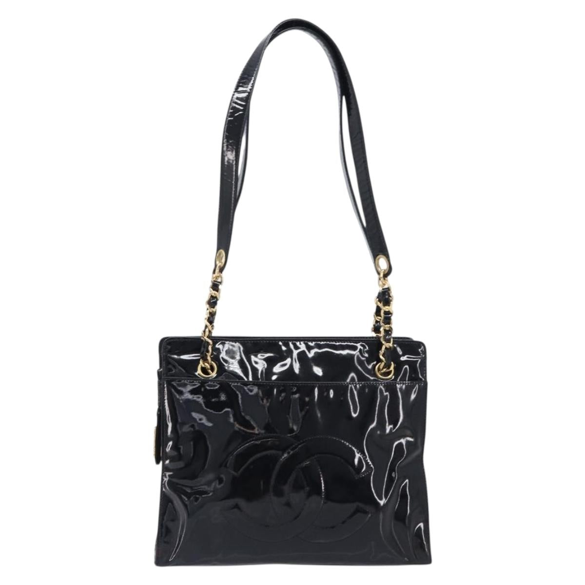 CHANEL COCO Mark Chain Shoulder Bag Patent Black Gold Tone CC Auth BA16492
