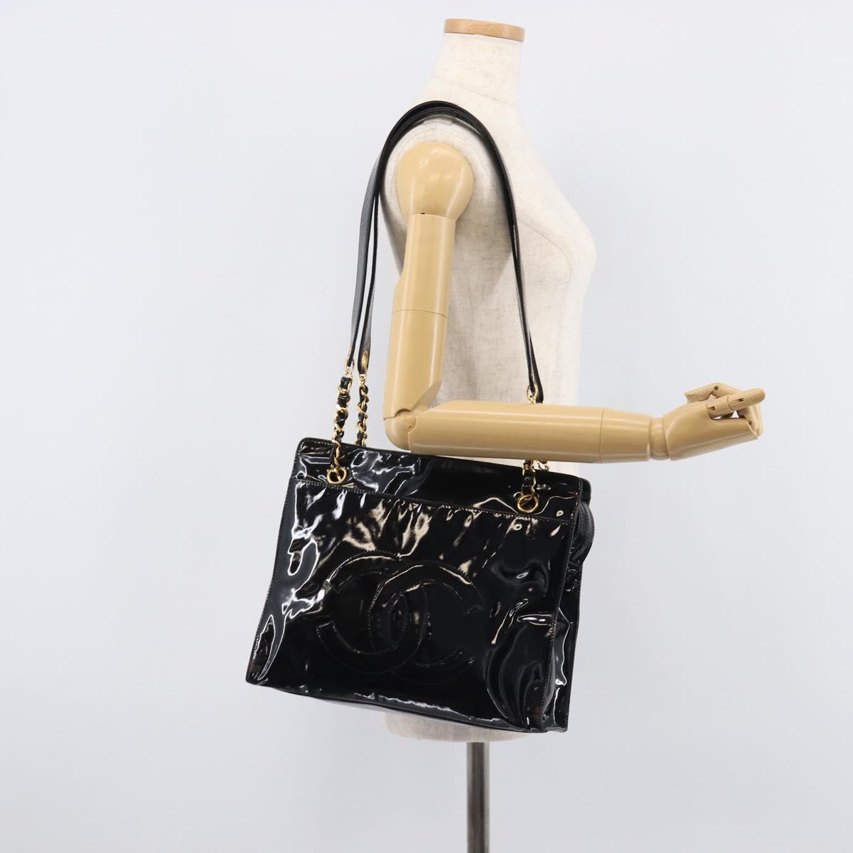 CHANEL COCO Mark Chain Shoulder Bag Patent Black Gold Tone CC Auth BA16492
