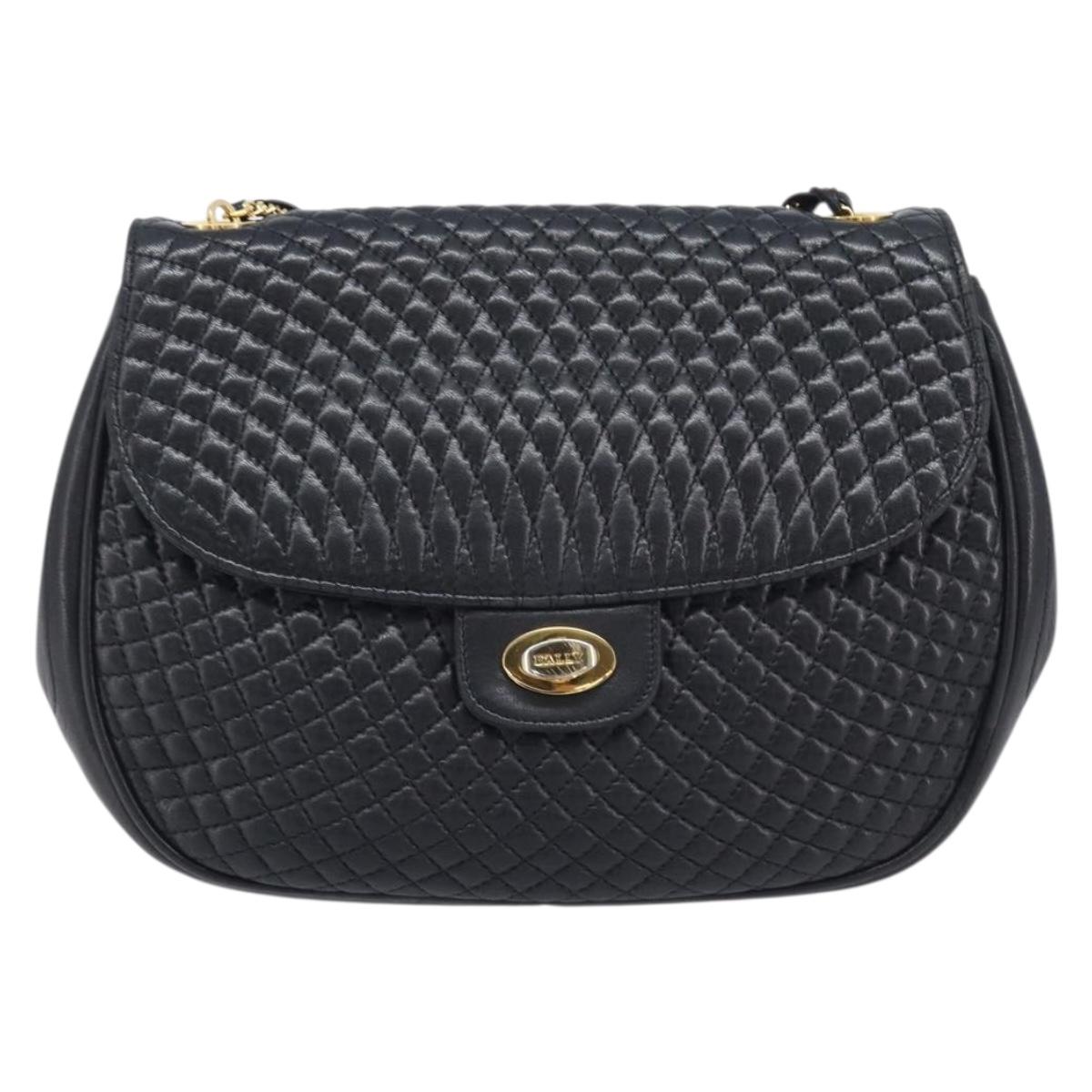 Bally Chain Shoulder Bag Leather Black Gold Tone Auth BA16494