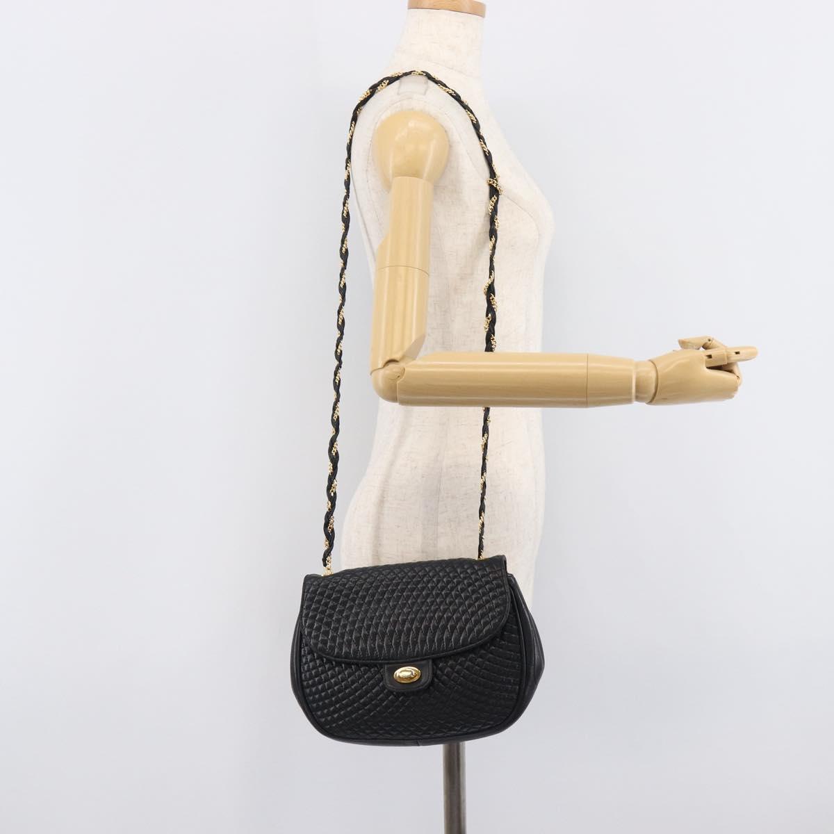 Bally Chain Shoulder Bag Leather Black Gold Tone Auth BA16494