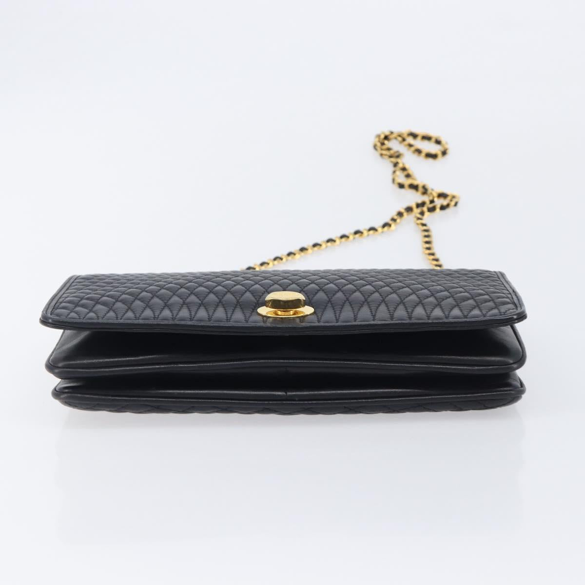 Bally Chain Shoulder Bag Leather Black Gold Tone Auth BA16503
