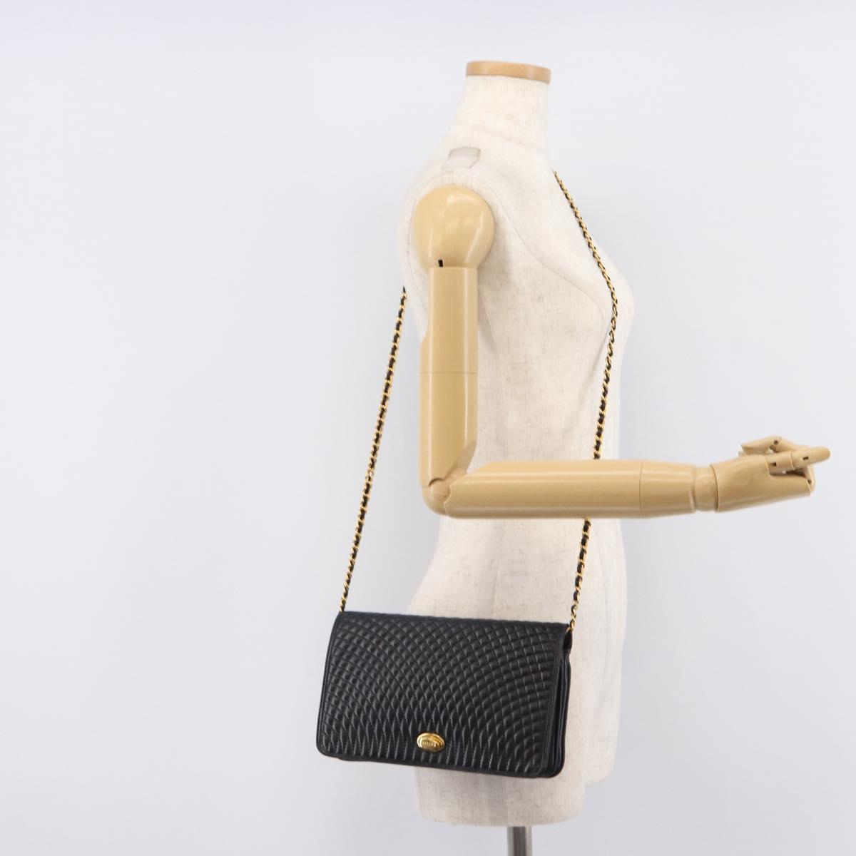 Bally Chain Shoulder Bag Leather Black Gold Tone Auth BA16503