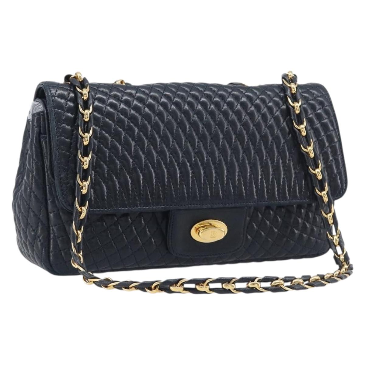Bally Chain Shoulder Bag Leather Navy Gold Tone Auth BA16506