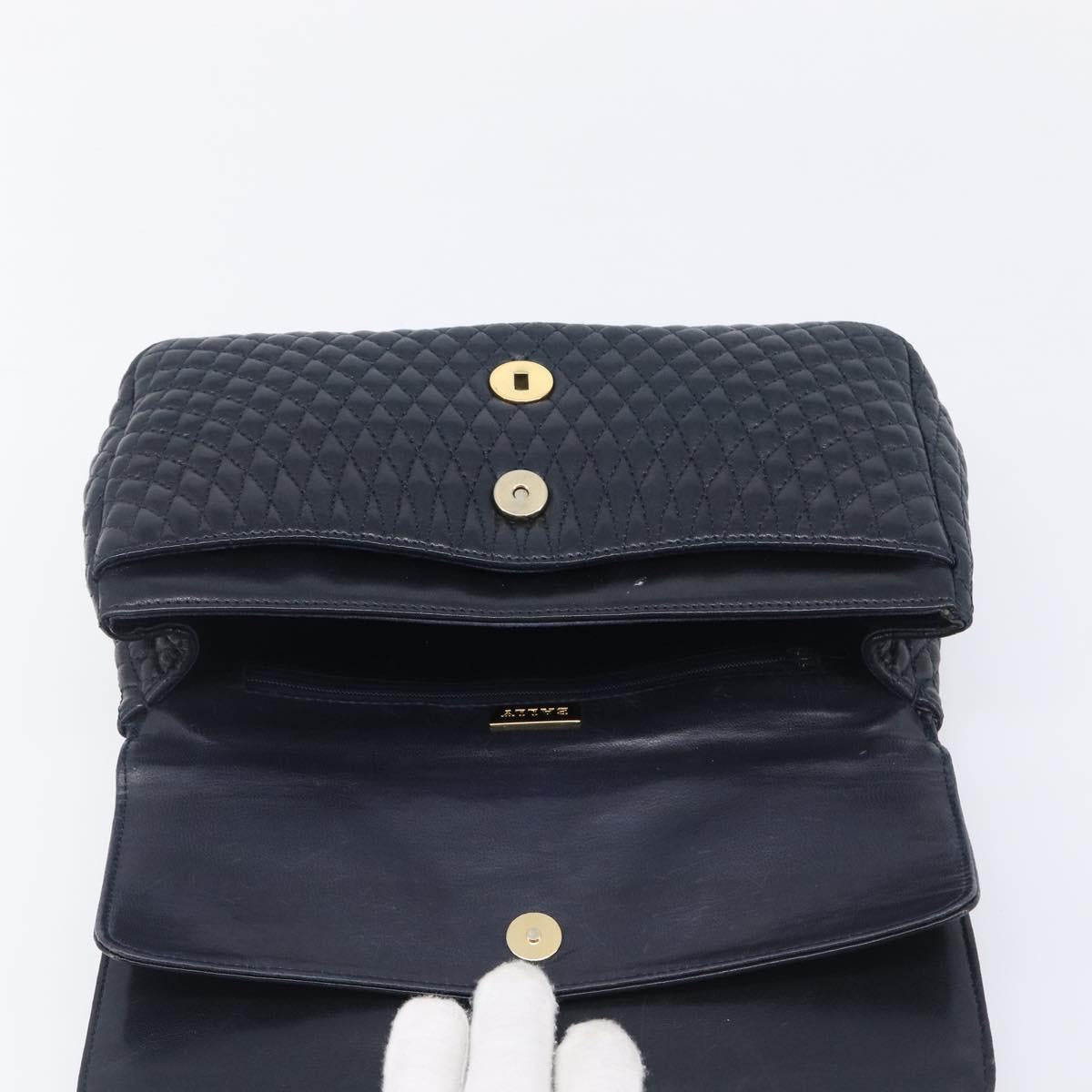 Bally Chain Shoulder Bag Leather Navy Gold Tone Auth BA16506