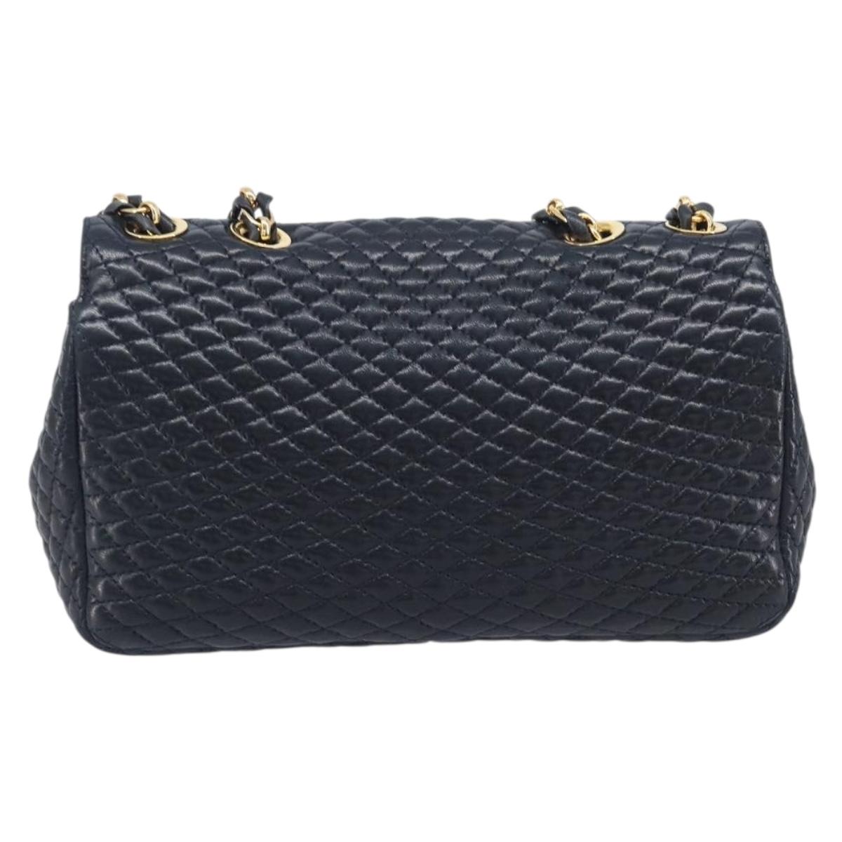Bally Chain Shoulder Bag Leather Navy Gold Tone Auth BA16506