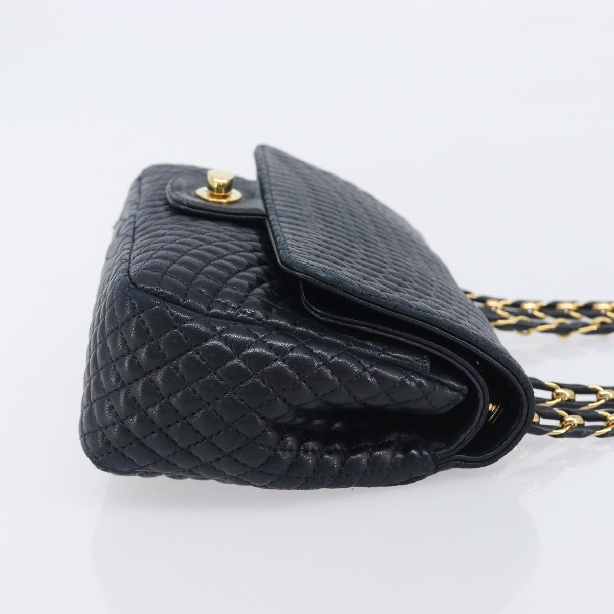 Bally Chain Shoulder Bag Leather Navy Gold Tone Auth BA16506