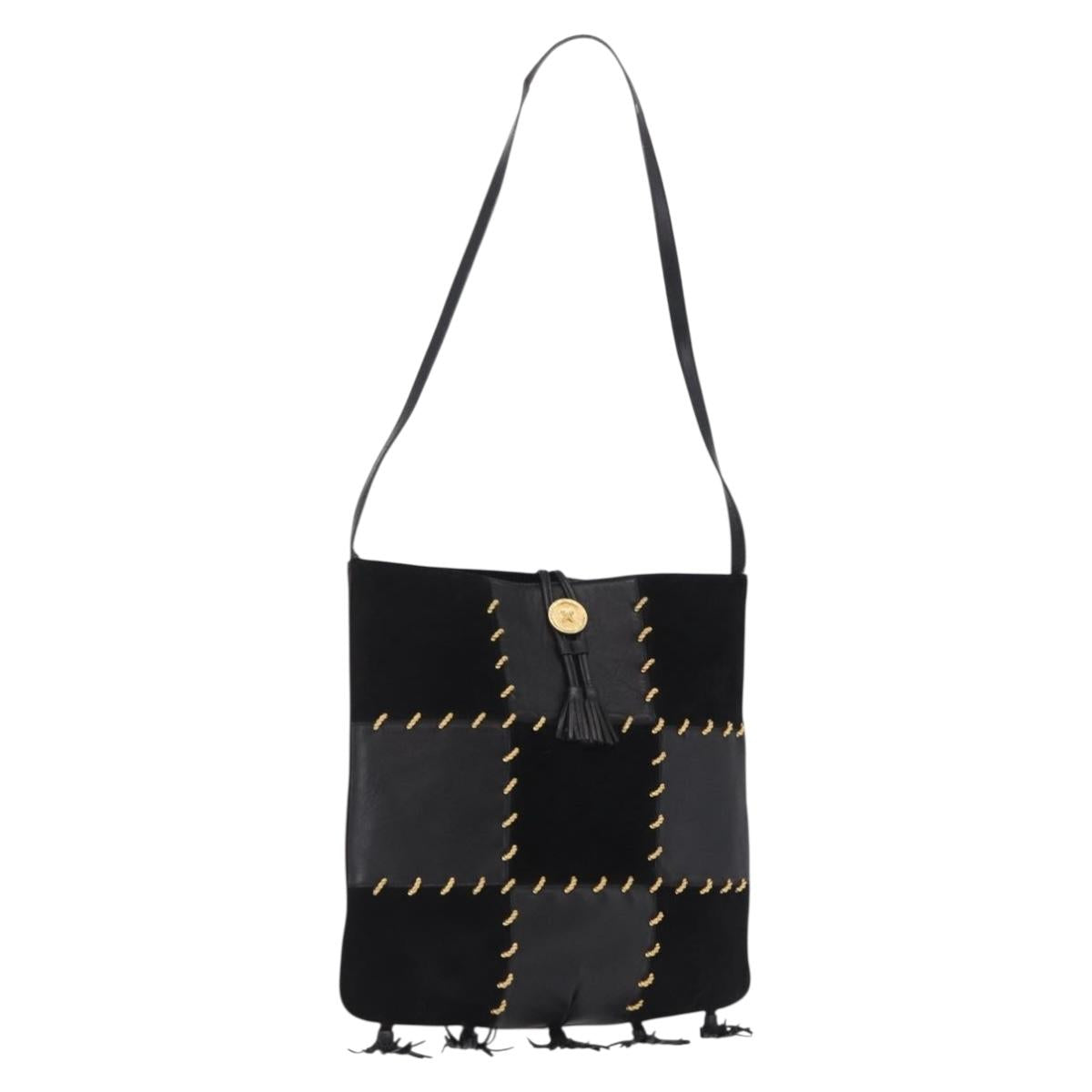 Salvatore Ferragamo Tote Bag Suede Black Gold Tone Auth BA16514