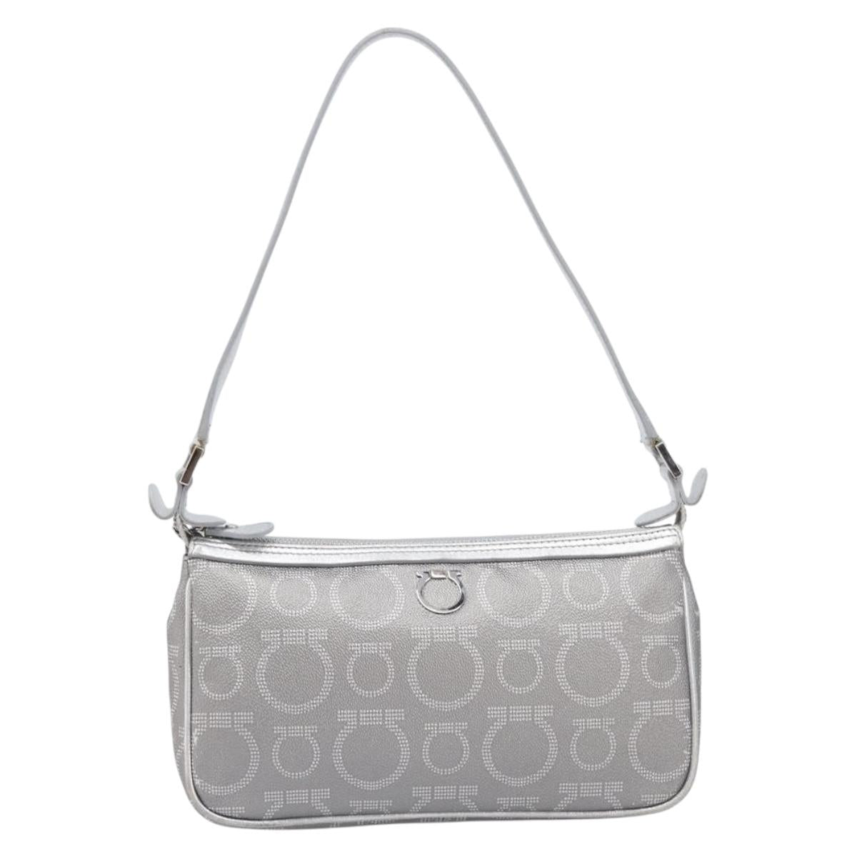 Salvatore Ferragamo Gancini Hand Bag Leather Silver Auth BA16577A