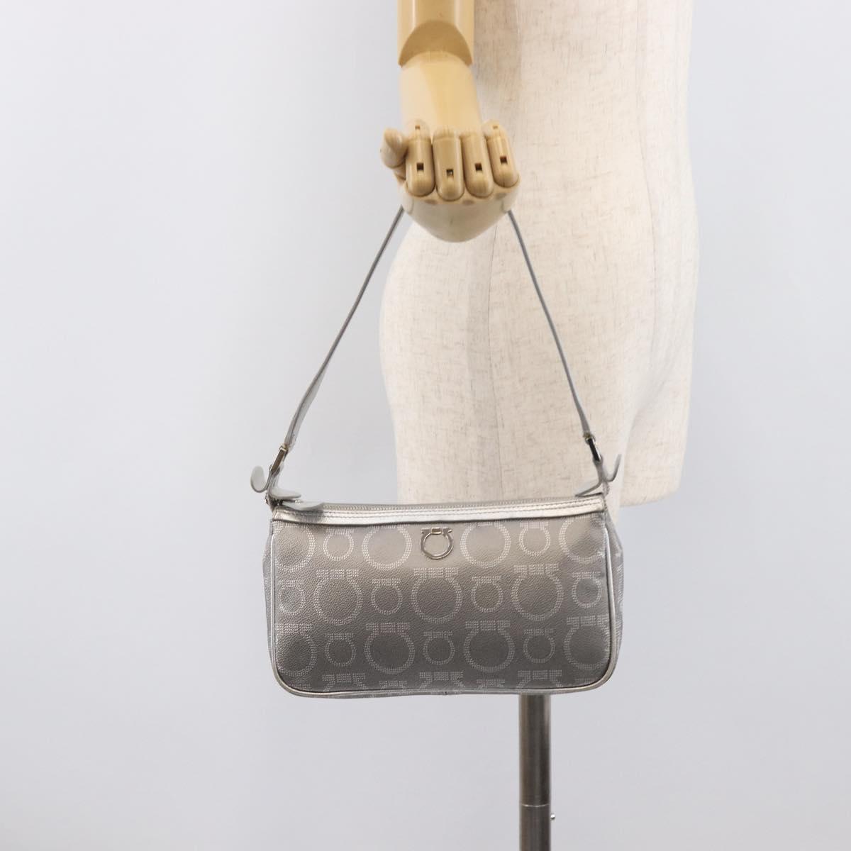 Salvatore Ferragamo Gancini Hand Bag Leather Silver Auth BA16577A