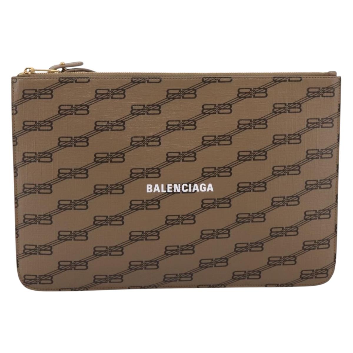 Balenciaga BB Monogram Clutch Bag PVC Leather Beige Gold 702627 Auth BA16586A