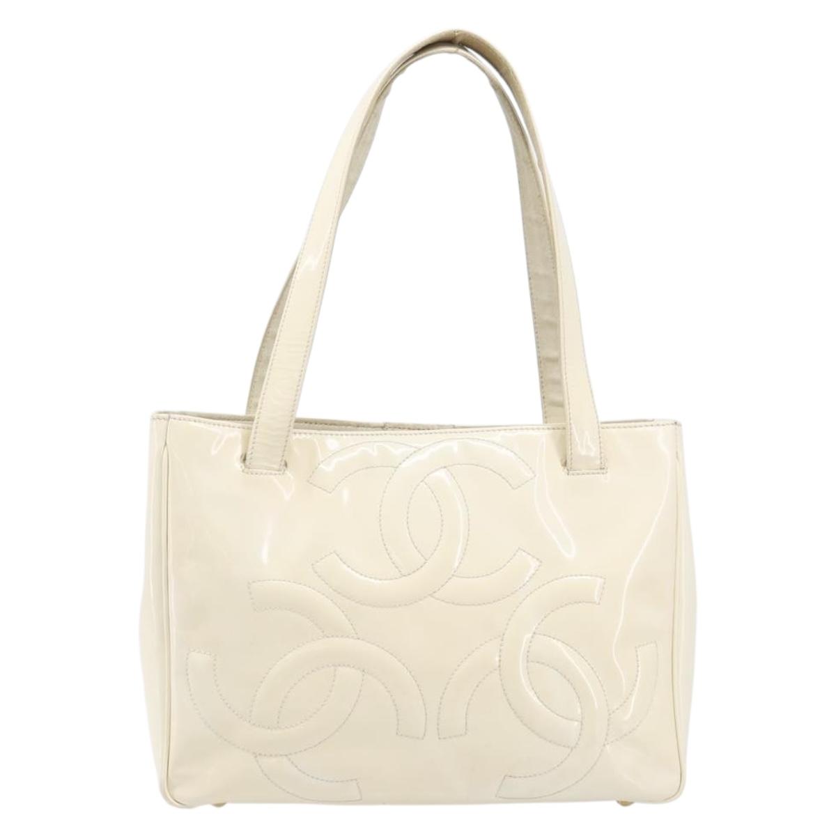 CHANEL Triple Coco Tote Bag Patent White Gold Tone CC Auth BA16587