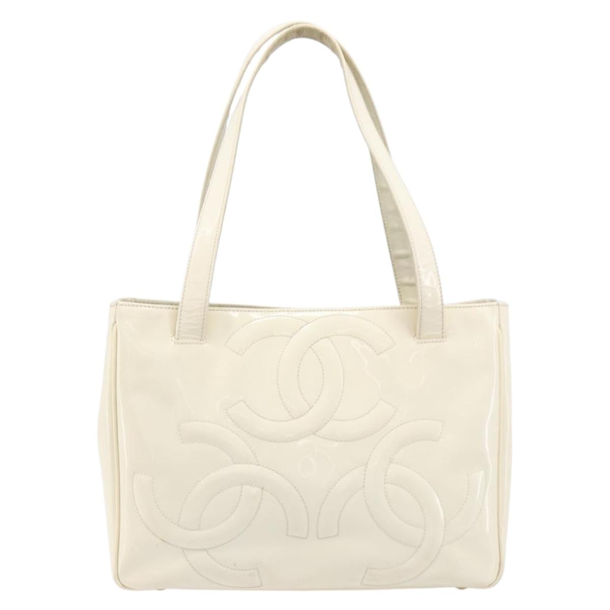 CHANEL Triple Coco Tote Bag Patent White Gold Tone CC Auth BA16587