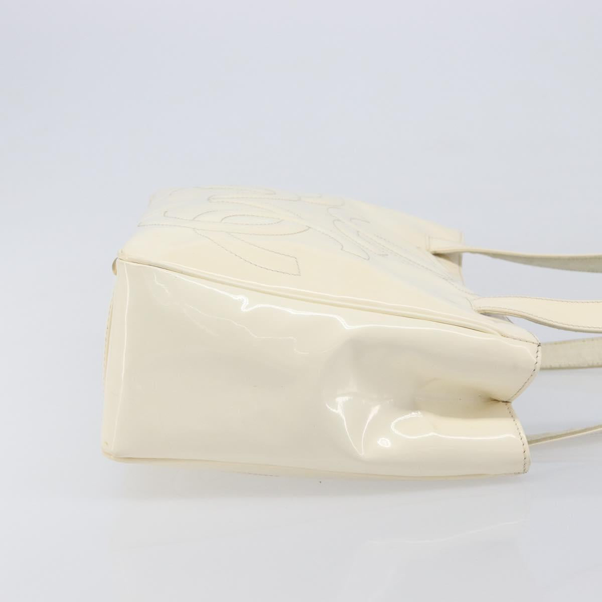 CHANEL Triple Coco Tote Bag Patent White Gold Tone CC Auth BA16587