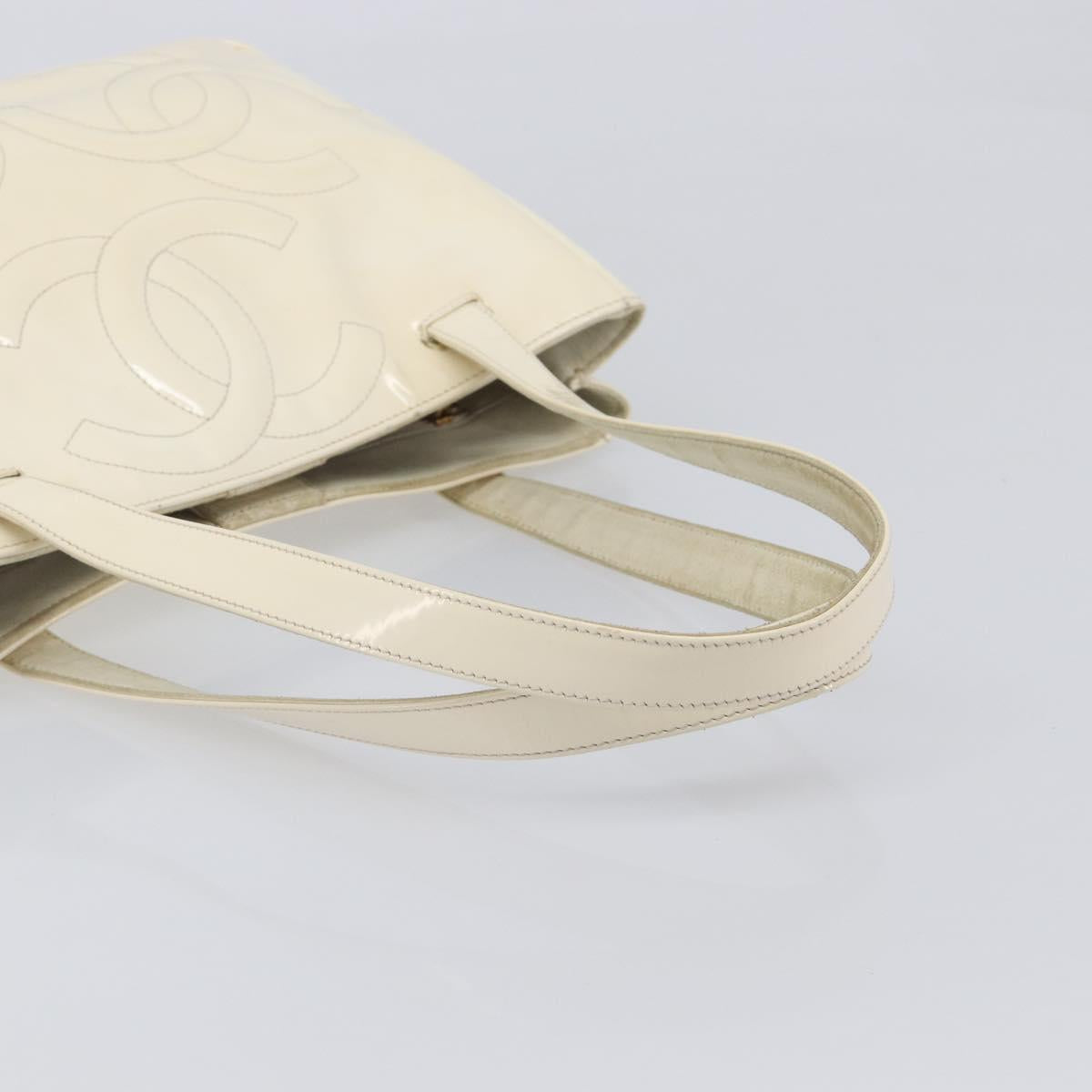 CHANEL Triple Coco Tote Bag Patent White Gold Tone CC Auth BA16587