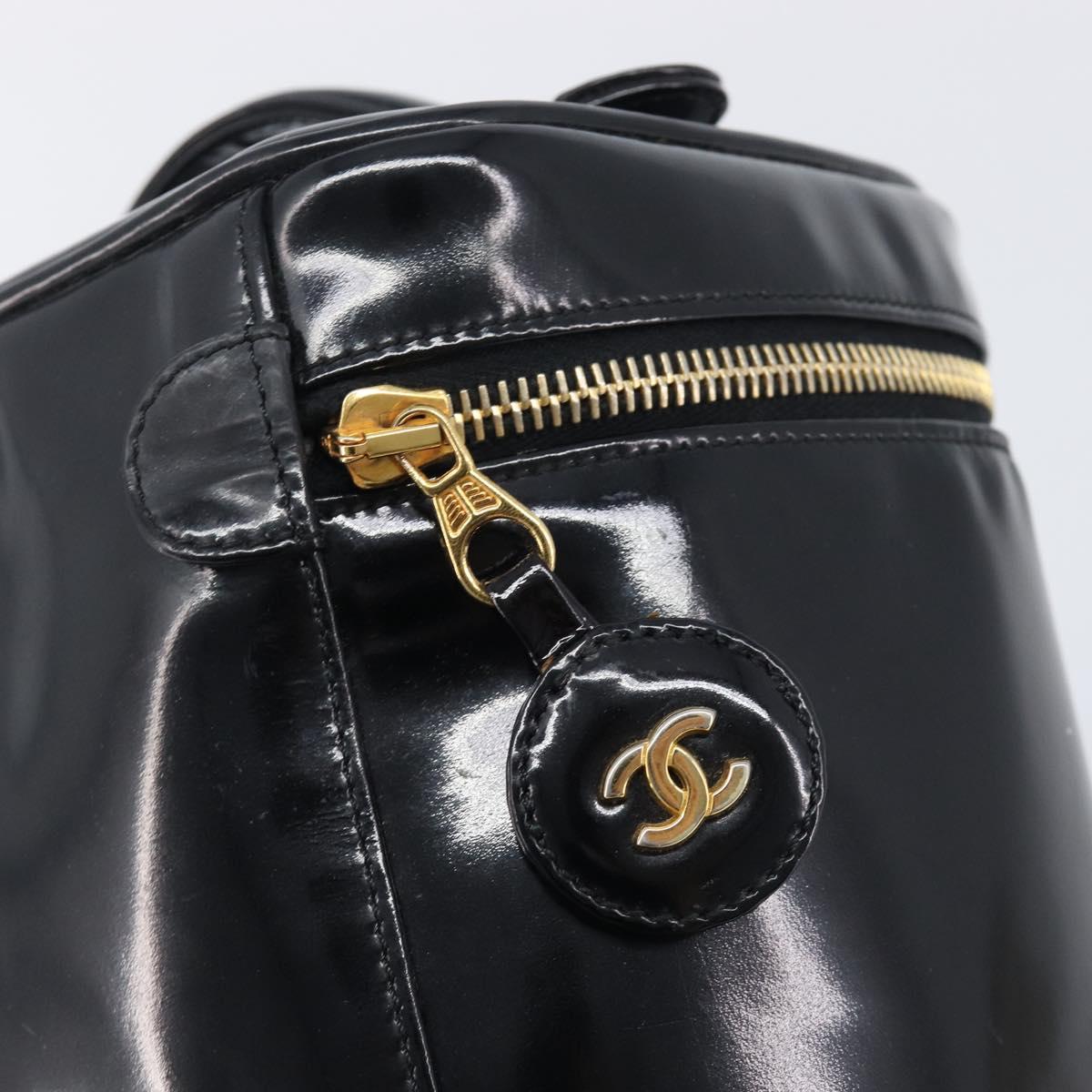 CHANEL COCO Mark Cosmetic Pouch patent Black Gold Tone CC Auth BA16589