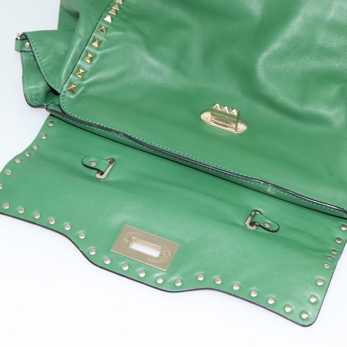 VALENTINO Studs Hand Bag Leather 2way Green Gold Auth BA1659V