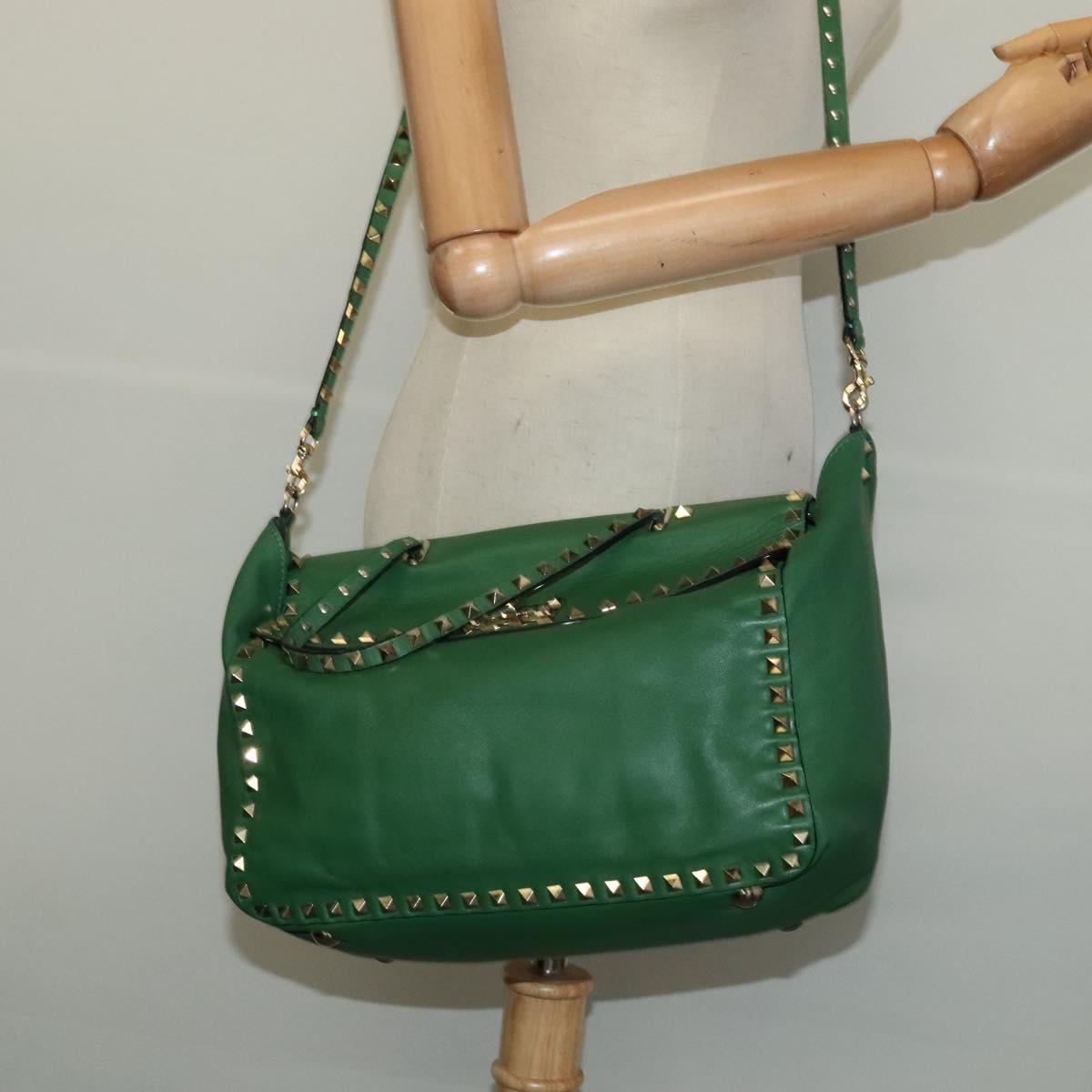 VALENTINO Studs Hand Bag Leather 2way Green Gold Auth BA1659V