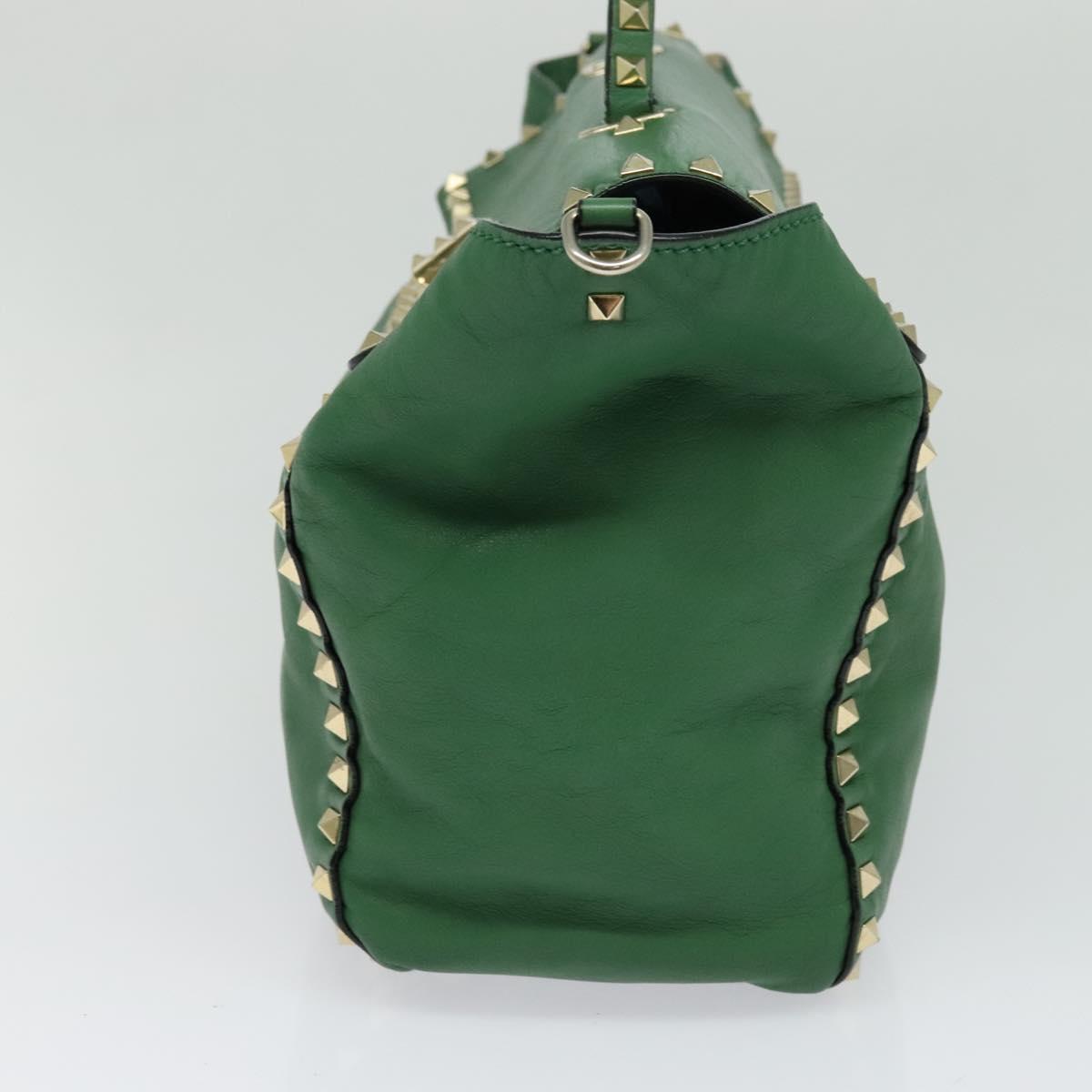VALENTINO Studs Hand Bag Leather 2way Green Gold Auth BA1659V