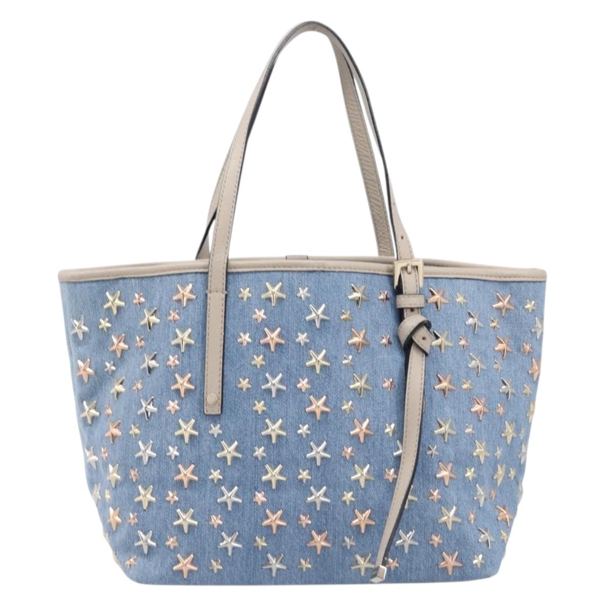 Jimmy Choo Tote Bag Denim Blue Gold Tone Auth BA16594A
