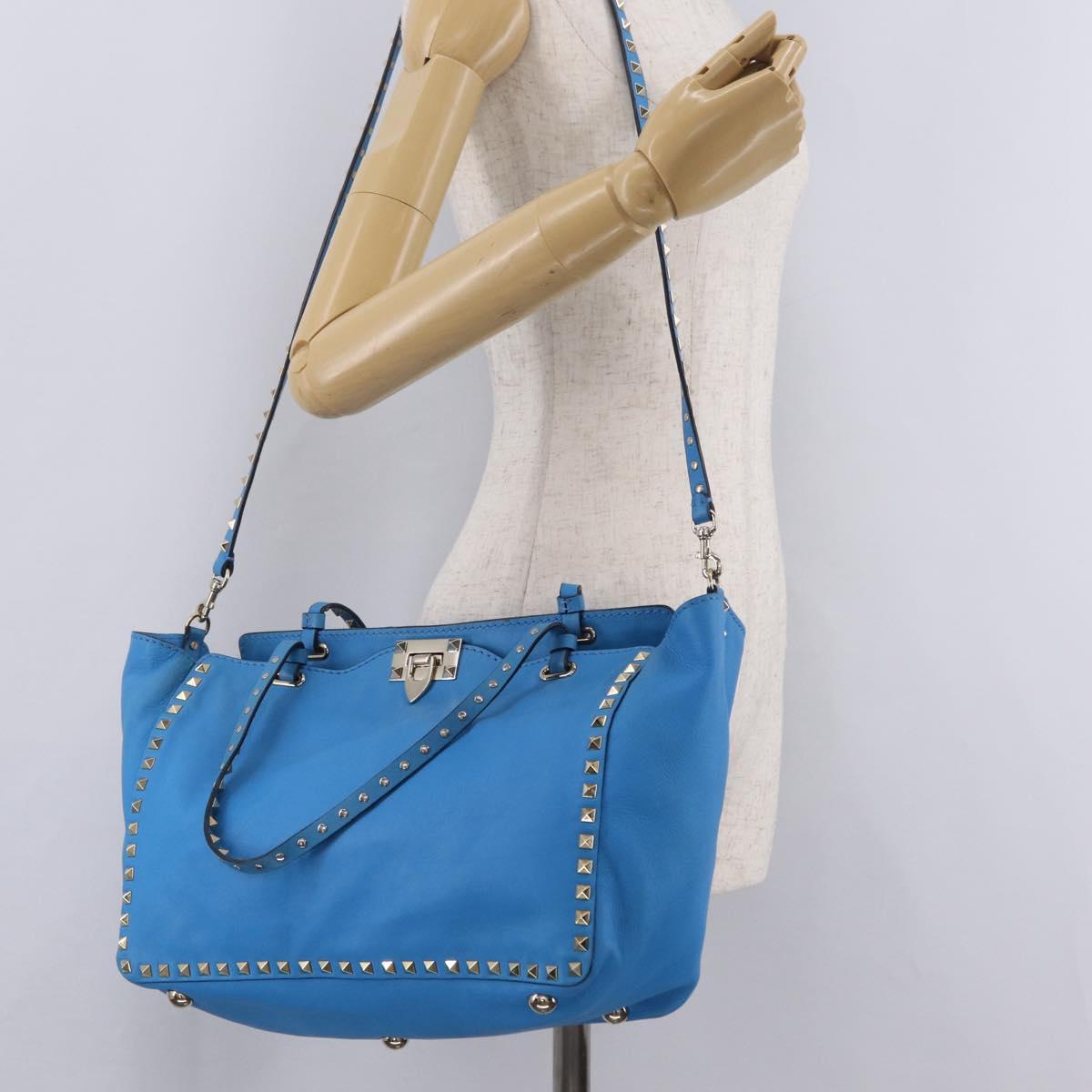 Valentino Rock Studs Tote Bag Leather 2way Blue Gold Tone Auth BA16595A