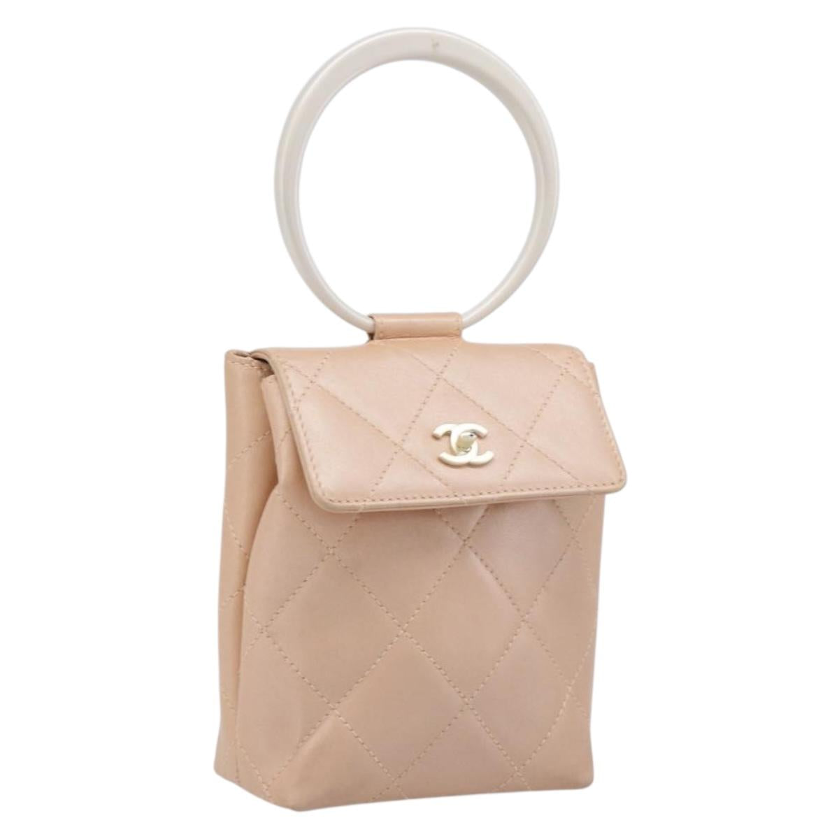 CHANEL Matelasse Hand Bag Leather Beige Gold Tone CC Auth BA16602V
