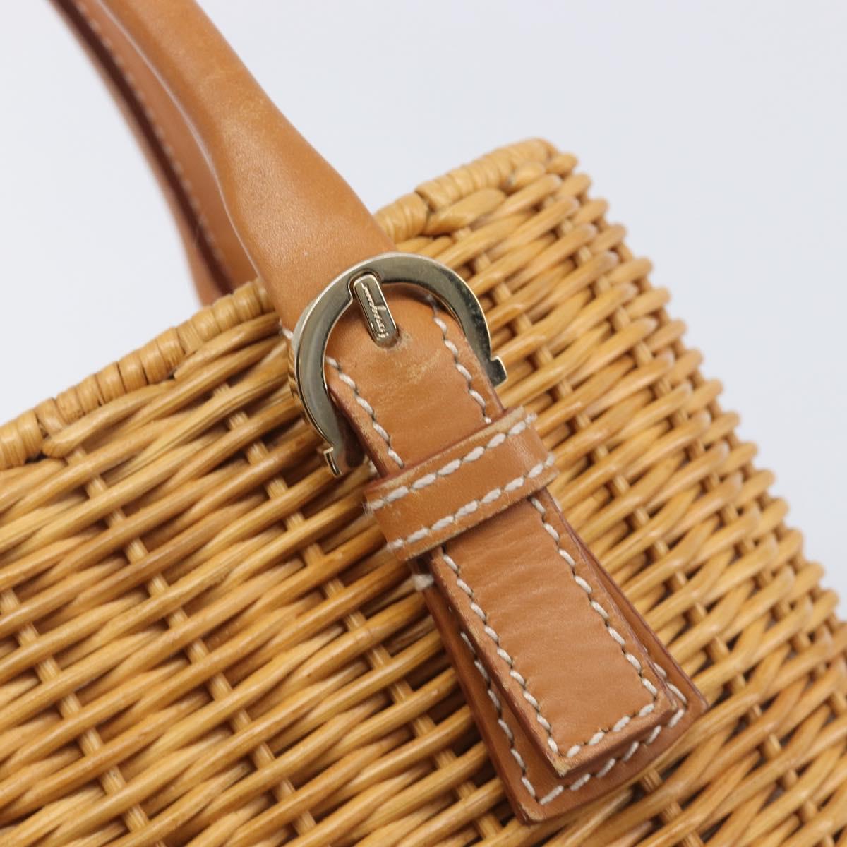 Salvatore Ferragamo Gancini Hand Bag Straw Beige Gold Tone Auth BA16605