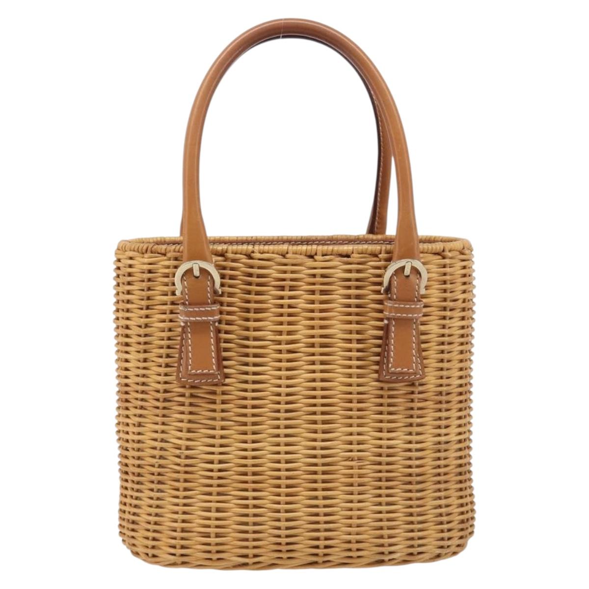 Salvatore Ferragamo Gancini Hand Bag Straw Beige Gold Tone Auth BA16605
