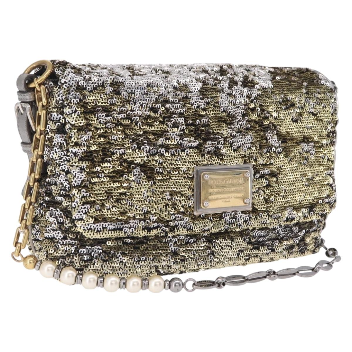 Dolce & Gabbana Miss Charles Chain Shoulder Bag Sequin Gold Silver Auth BA16606V