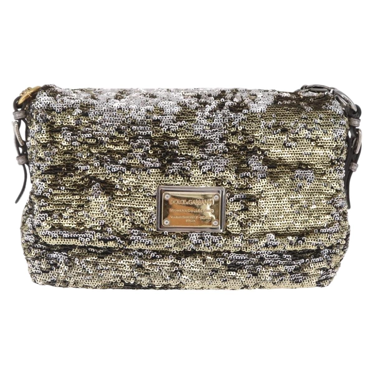 Dolce & Gabbana Miss Charles Chain Shoulder Bag Sequin Gold Silver Auth BA16606V