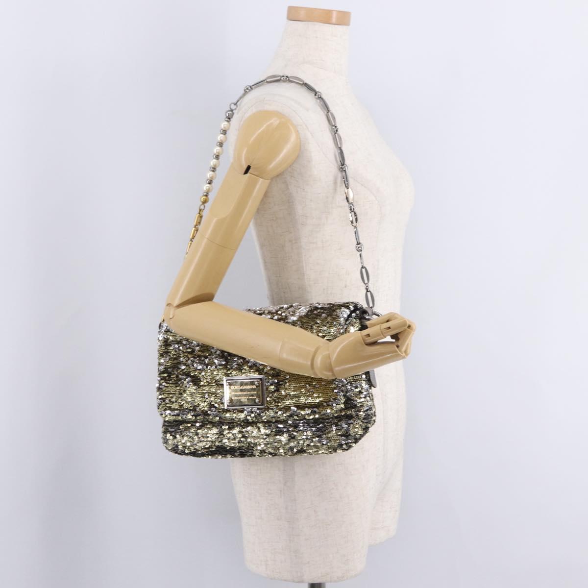 Dolce & Gabbana Miss Charles Chain Shoulder Bag Sequin Gold Silver Auth BA16606V