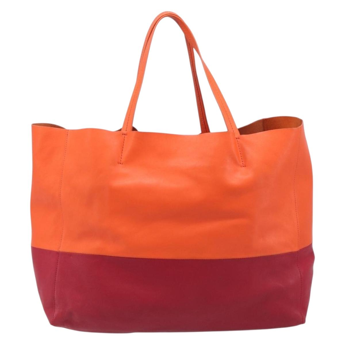 CELINE Horizontal Cabas Tote Bag Leather Orange Gold Tone Auth BA16620A