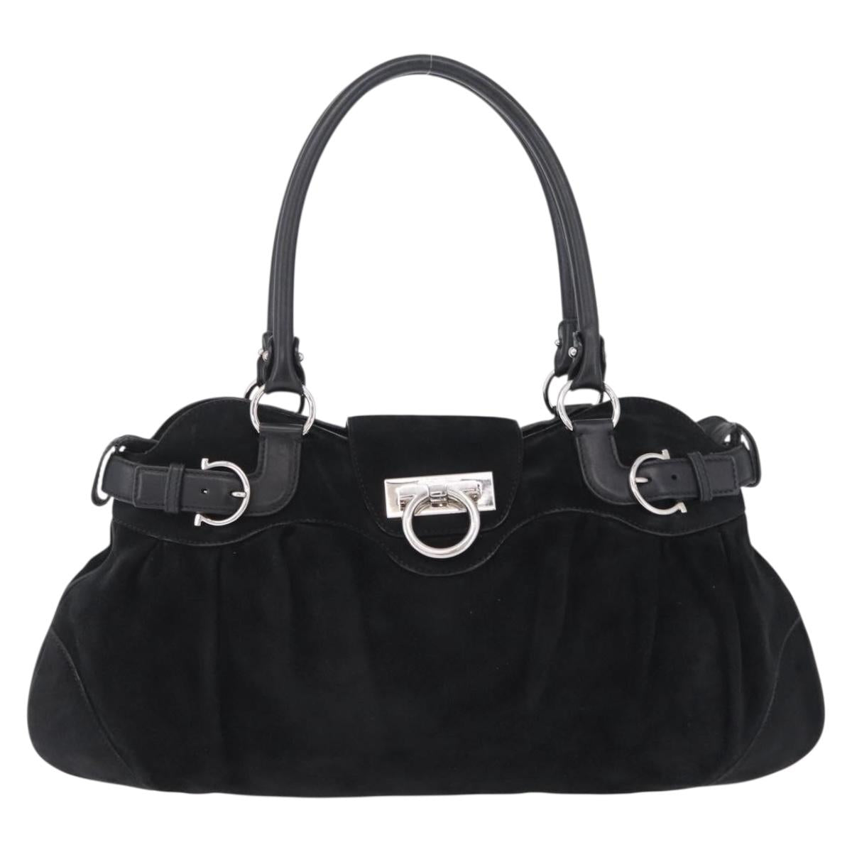 Salvatore Ferragamo Gancini Tote Bag Suede Black Silver Auth BA16622V