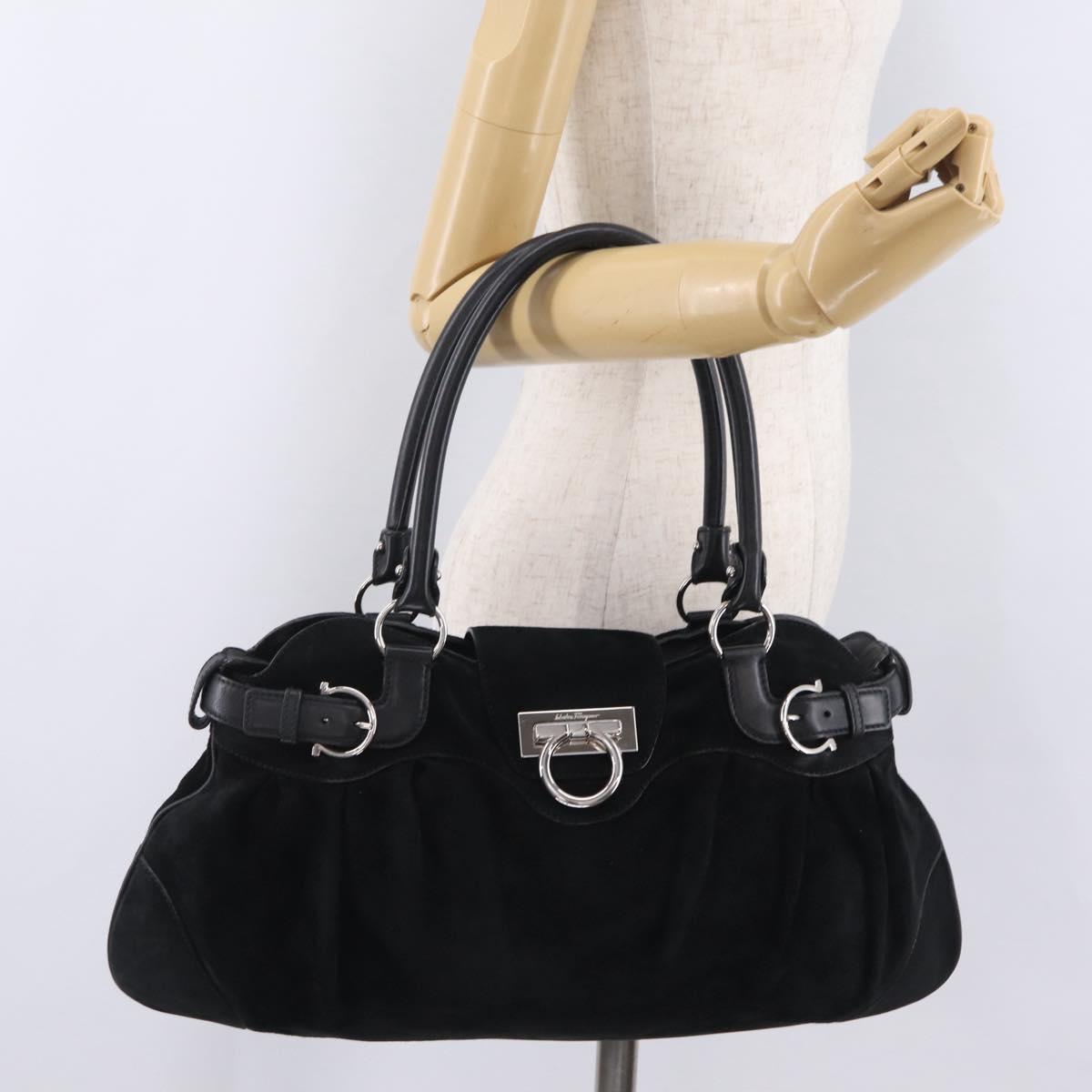 Salvatore Ferragamo Gancini Tote Bag Suede Black Silver Auth BA16622V