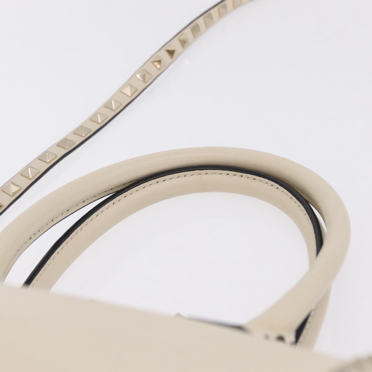 Valentino Rock Studs Tote Bag Leather 2way White Gold Tone Auth BA16624A