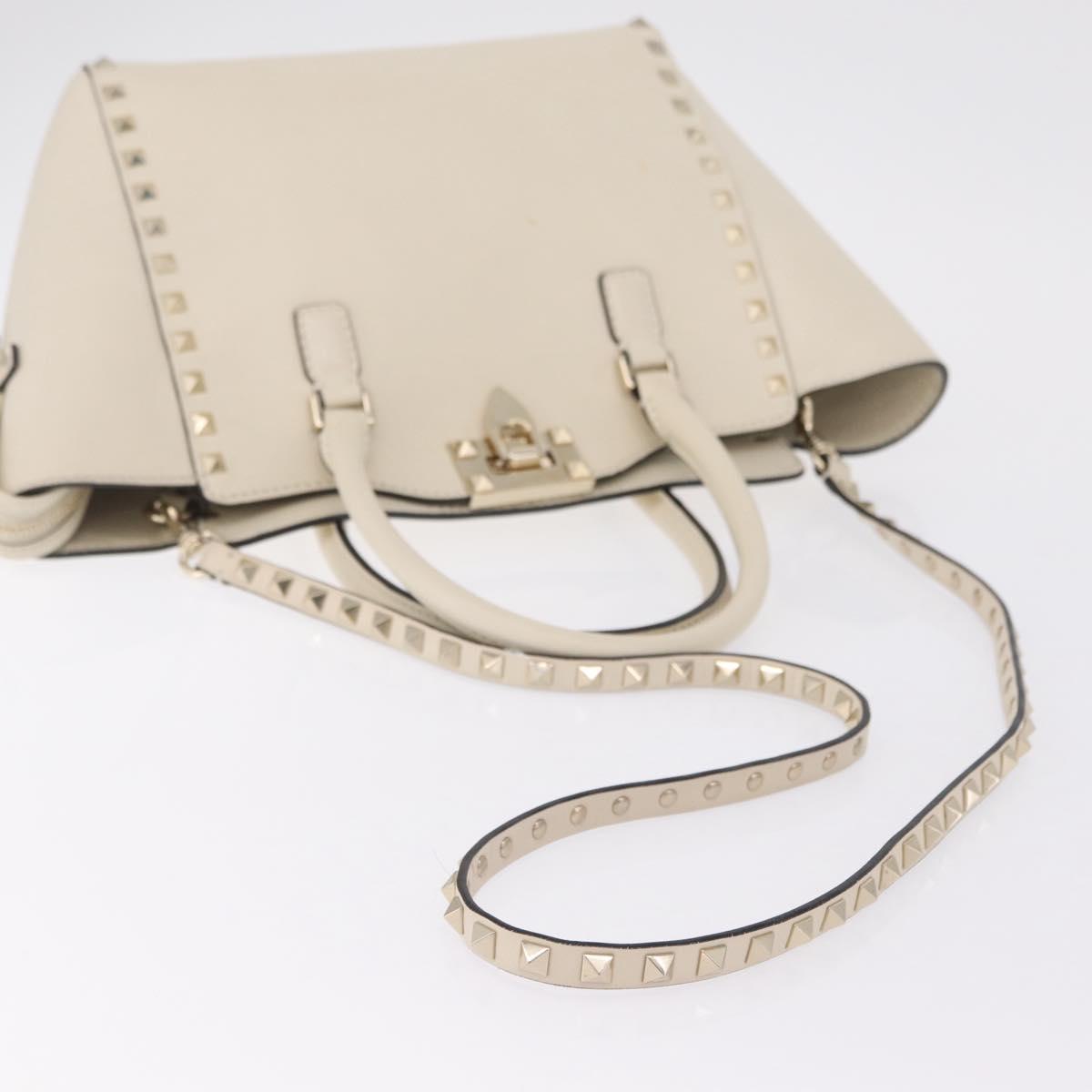 Valentino Rock Studs Tote Bag Leather 2way White Gold Tone Auth BA16624A