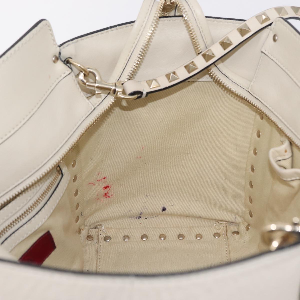 Valentino Rock Studs Tote Bag Leather 2way White Gold Tone Auth BA16624A