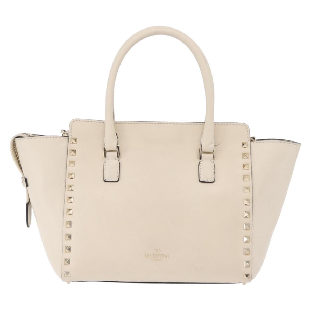Valentino Rock Studs Tote Bag Leather 2way White Gold Tone Auth BA16624A