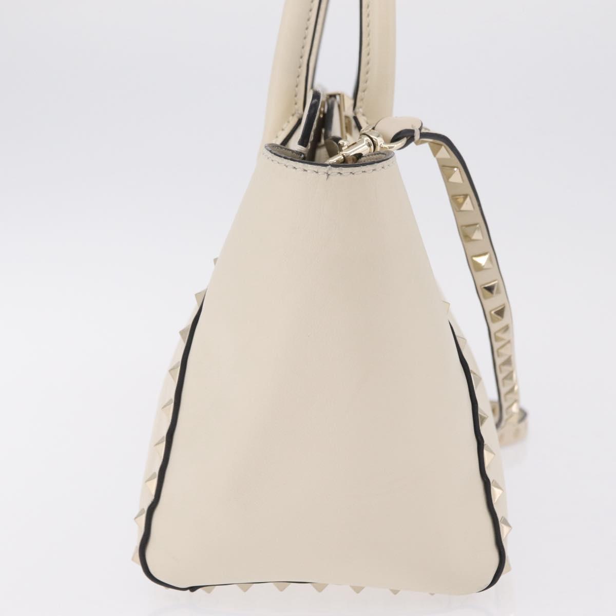 Valentino Rock Studs Tote Bag Leather 2way White Gold Tone Auth BA16624A