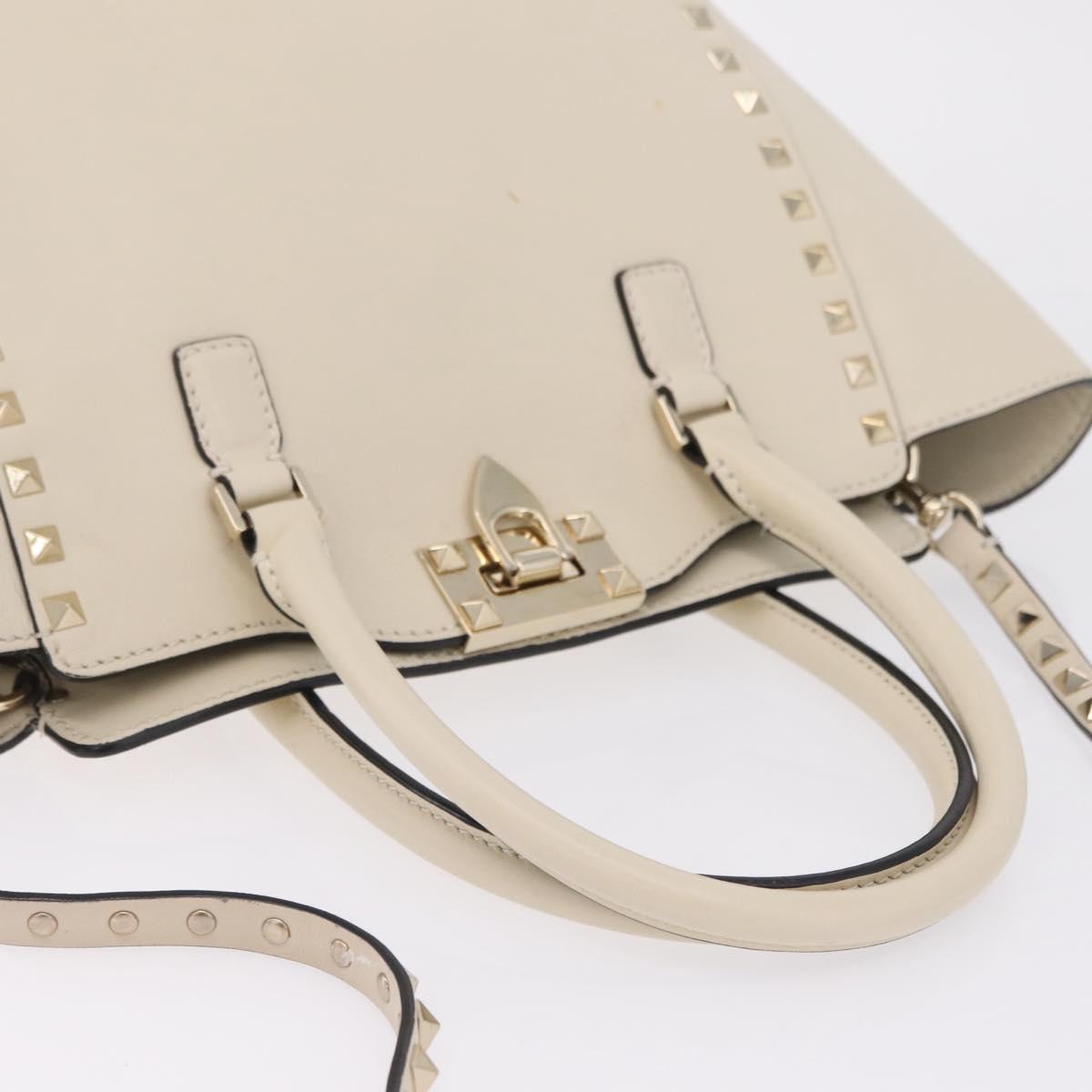 Valentino Rock Studs Tote Bag Leather 2way White Gold Tone Auth BA16624A