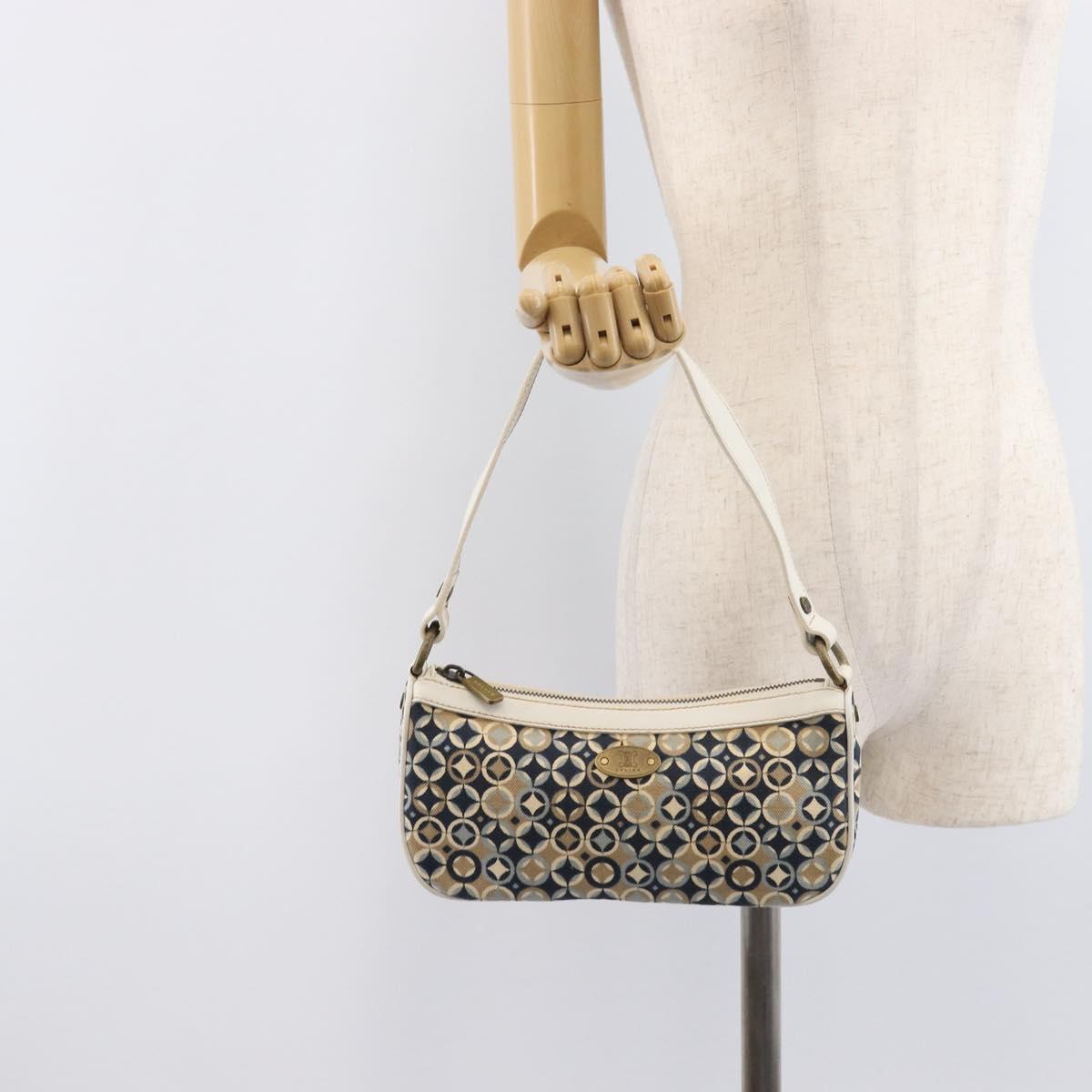 CELINE Hand Bag Canvas Navy Gold Tone Auth BA16627