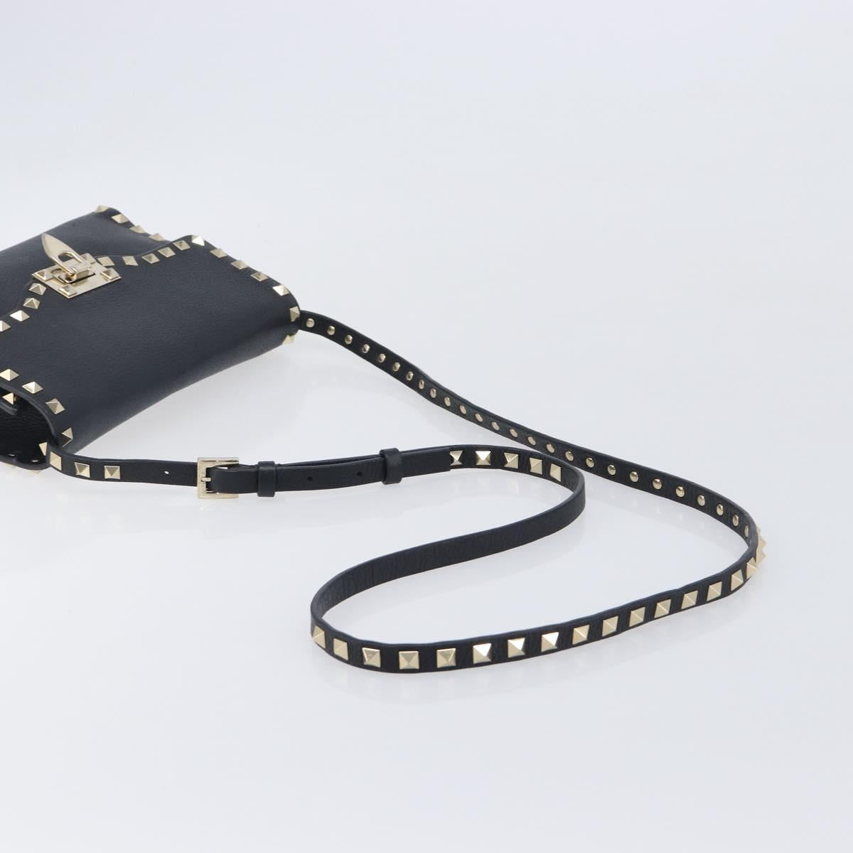 Valentino Rock studs Shoulder Bag Leather Black Gold Tone Auth BA16640A