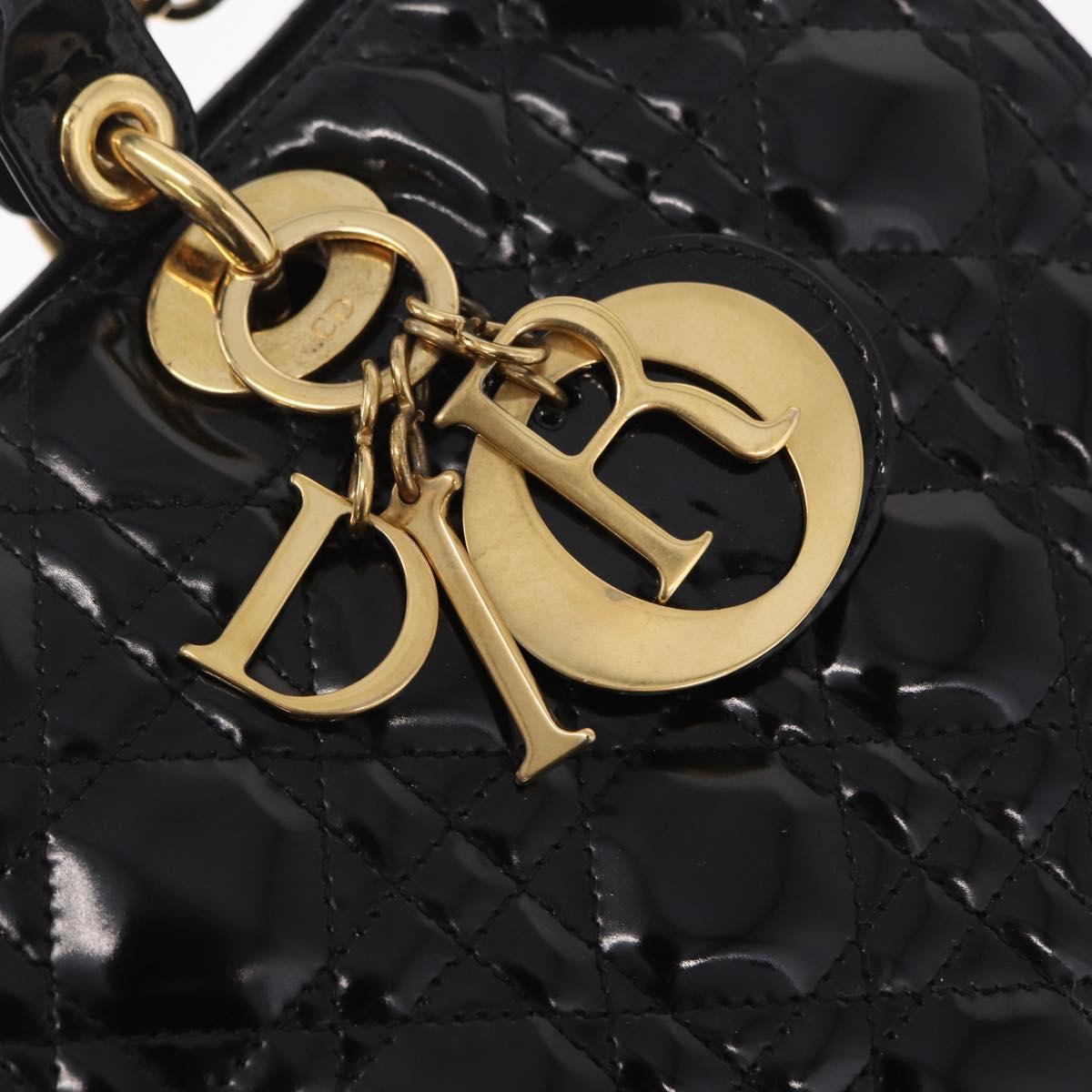 Christian Dior Lady Dior Canage Hand Bag Patent 2way Black Gold Auth BA16643