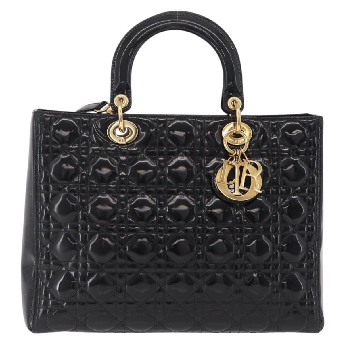 Christian Dior Lady Dior Canage Hand Bag Patent 2way Black Gold Auth BA16643