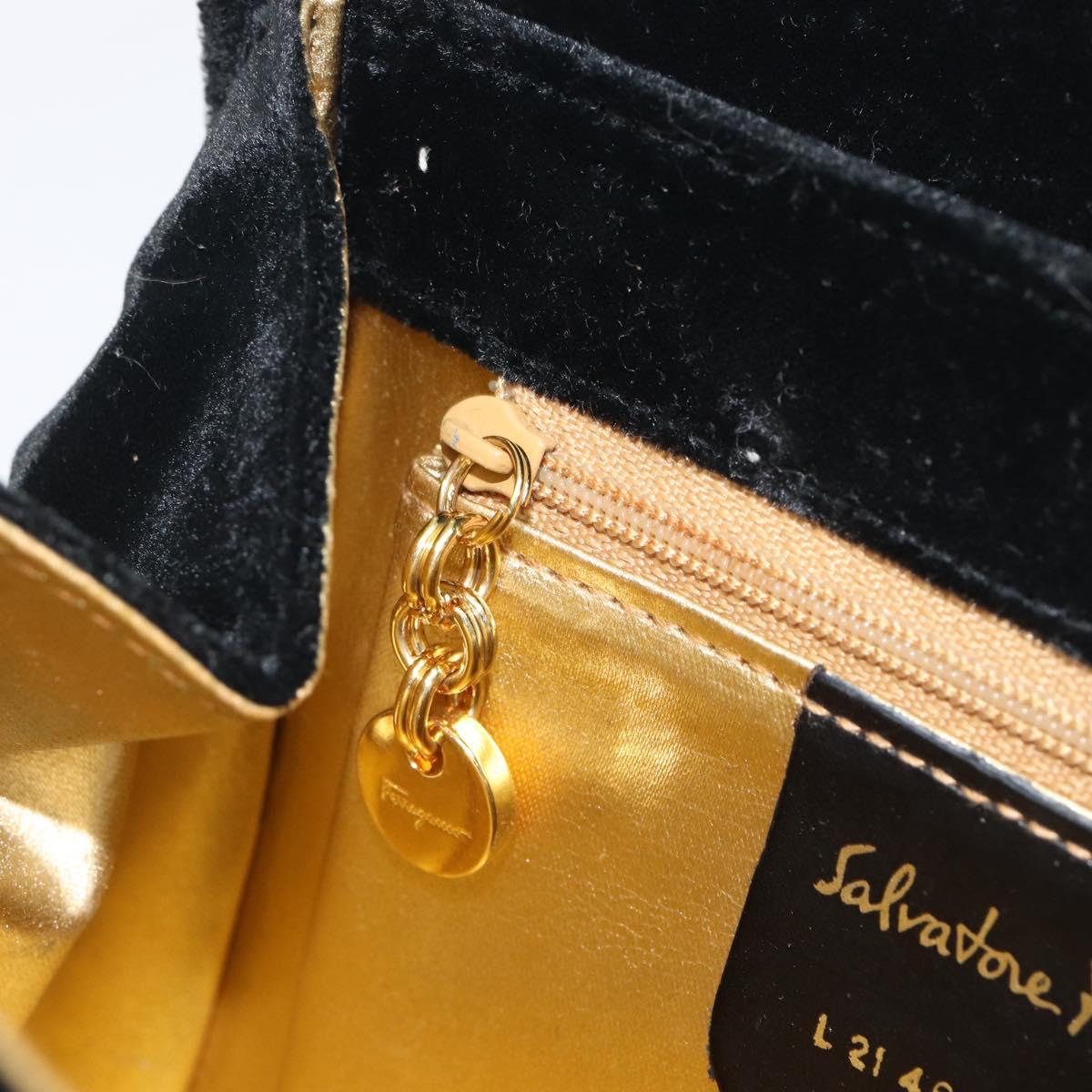 Salvatore Ferragamo Chain Shoulder Bag Velor Black Gold Tone Auth BA16656