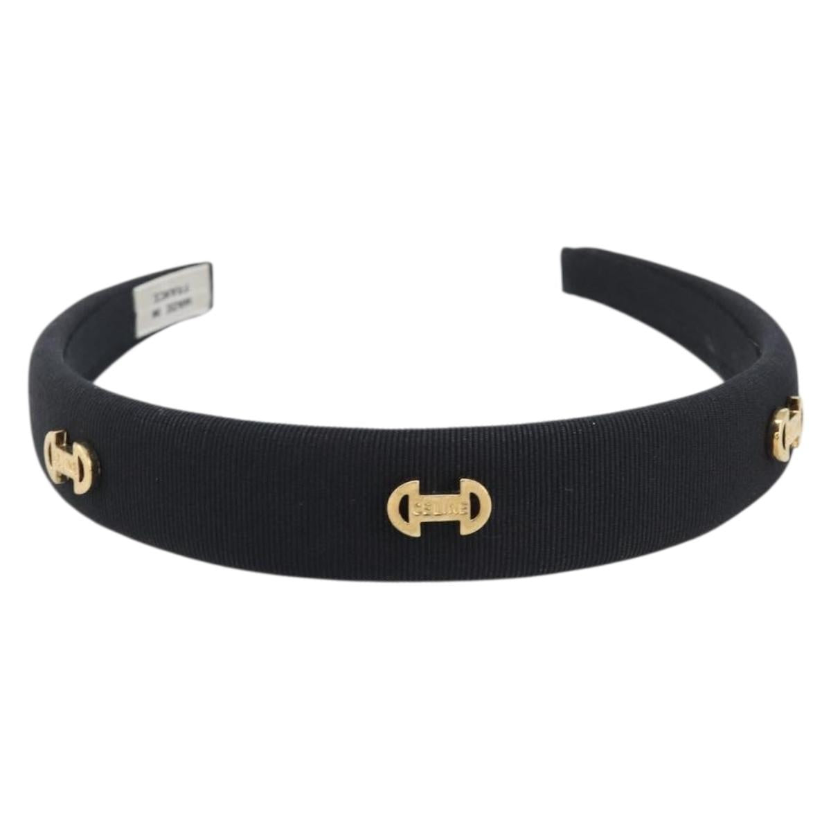 CELINE Hair Band Canvas Black Gold Tone Auth BA16657A