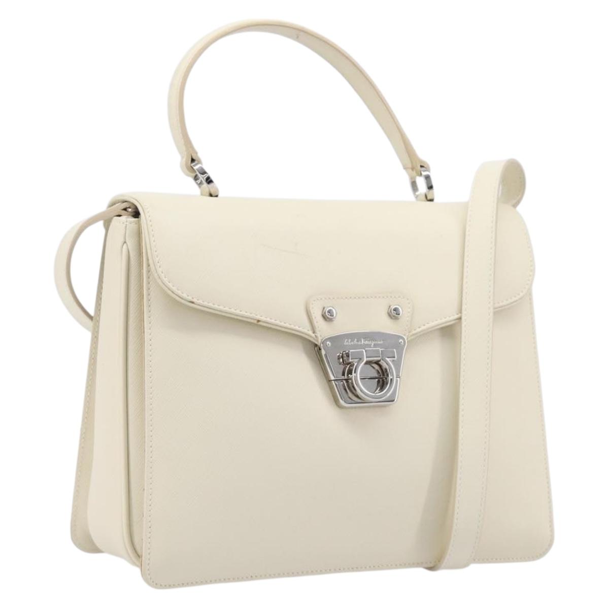 Salvatore Ferragamo Gancini Hand Bag Leather 2way White Silver Auth BA16665V