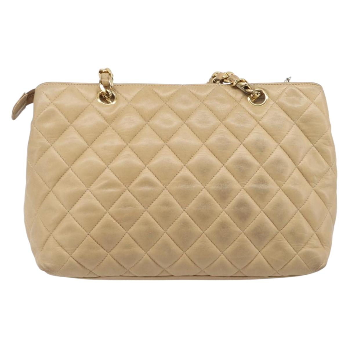 CHANEL Matelasse Chain Shoulder Bag Lamb Skin Beige Gold CC Auth BA16674