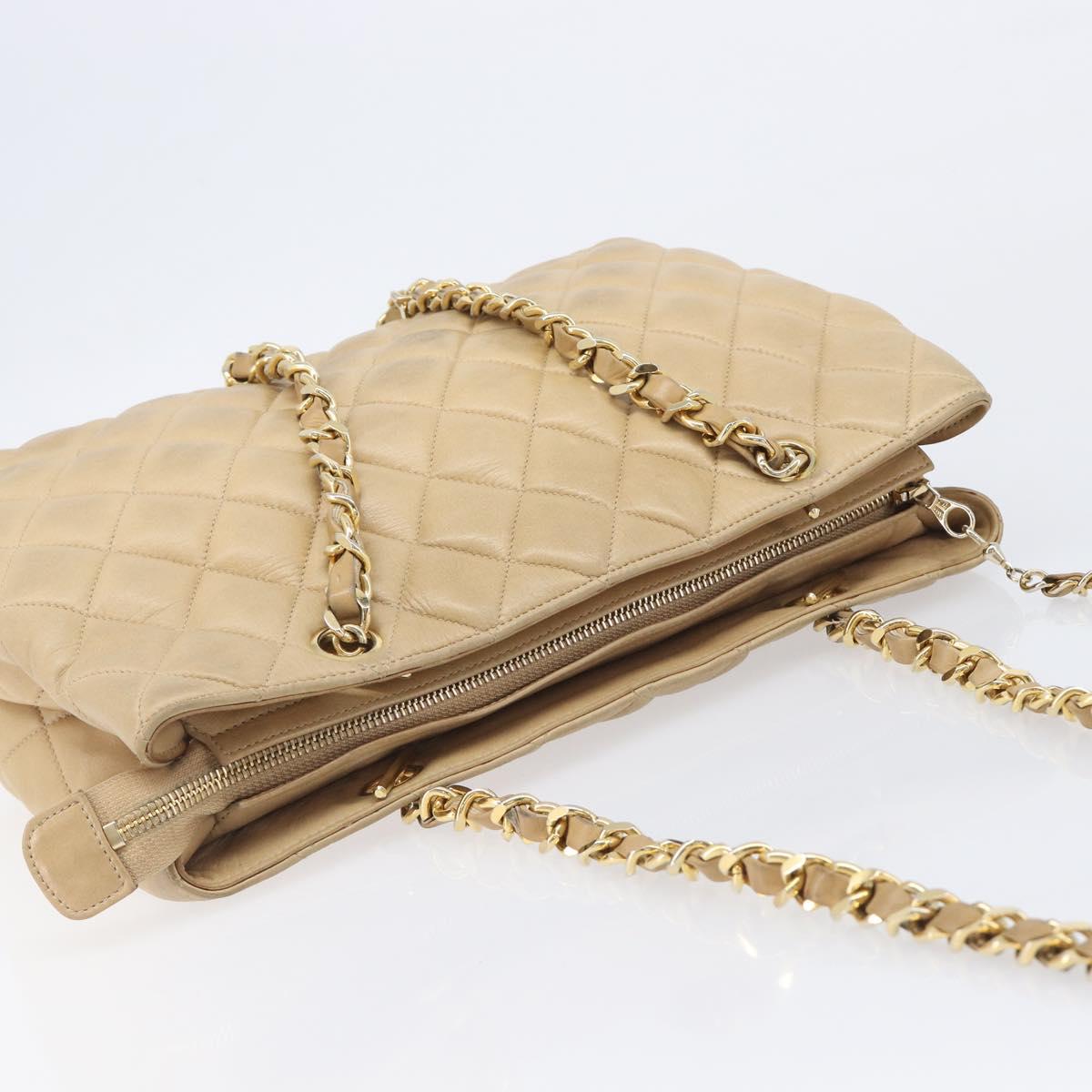 CHANEL Matelasse Chain Shoulder Bag Lamb Skin Beige Gold CC Auth BA16674