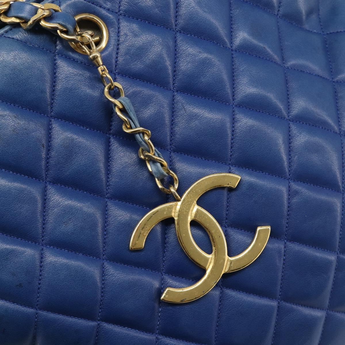 CHANEL Matelasse Chain Shoulder Bag Lamb Skin Blue Gold CC Auth BA16675